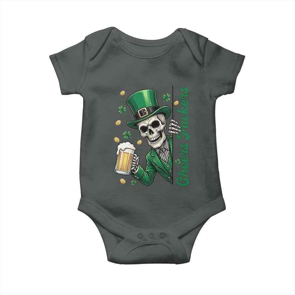 Cheers Fuckers St Patricks Day Baby Onesie Funny Skeleton Drinking Beer TS14 Dark Heather Print Your Wear