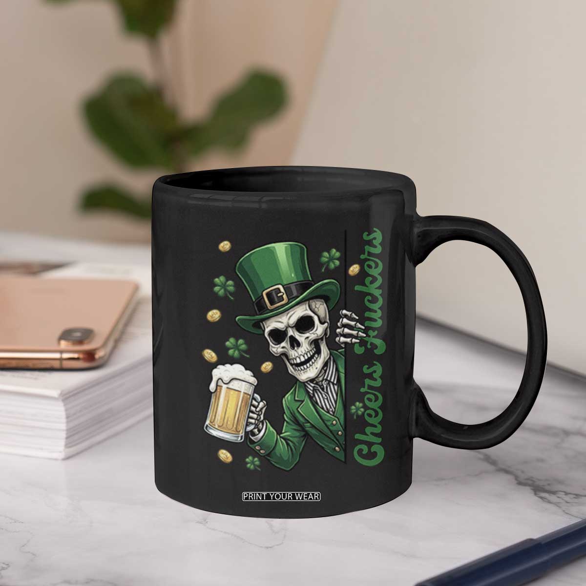 Cheers Fuckers St Patricks Day Coffee Mug Funny Skeleton Drinking Beer TS14 Print Your Wear