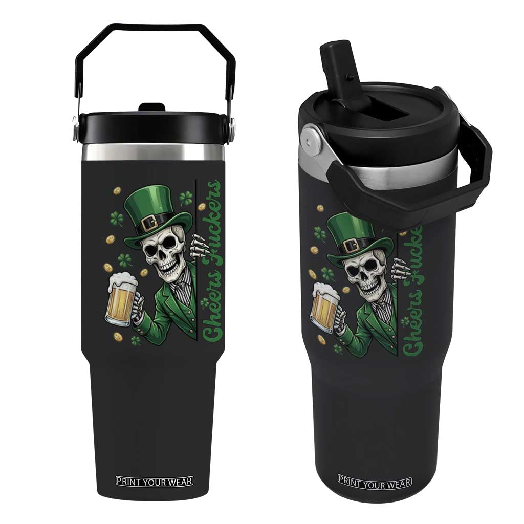 Cheers Fuckers St Patricks Day Flip Straw Tumbler Funny Skeleton Drinking Beer TS14 One Size: 30 oz Black Print Your Wear