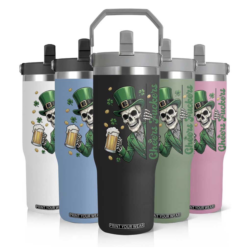 Cheers Fuckers St Patricks Day Flip Straw Tumbler Funny Skeleton Drinking Beer TS14 Print Your Wear