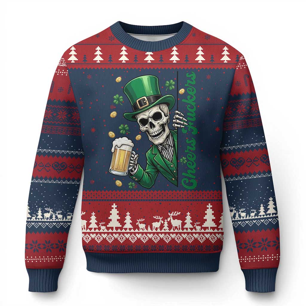Cheers Fuckers St Patricks Day Ugly Christmas Sweater Funny Skeleton Drinking Beer TS14 Navy Red Print Your Wear