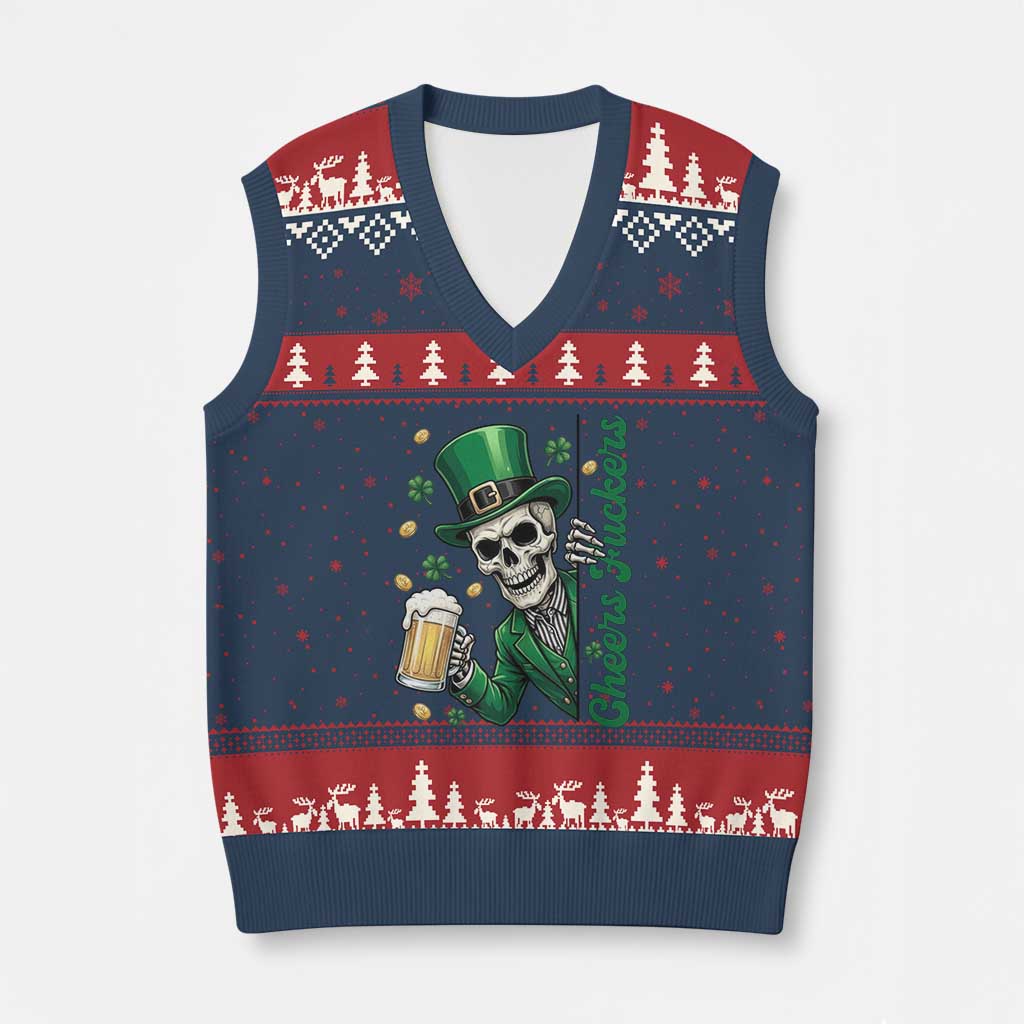 Cheers Fuckers St Patricks Day V-Neck Knit Sweater Vest Funny Skeleton Drinking Beer TS14 Navy Red Print Your Wear