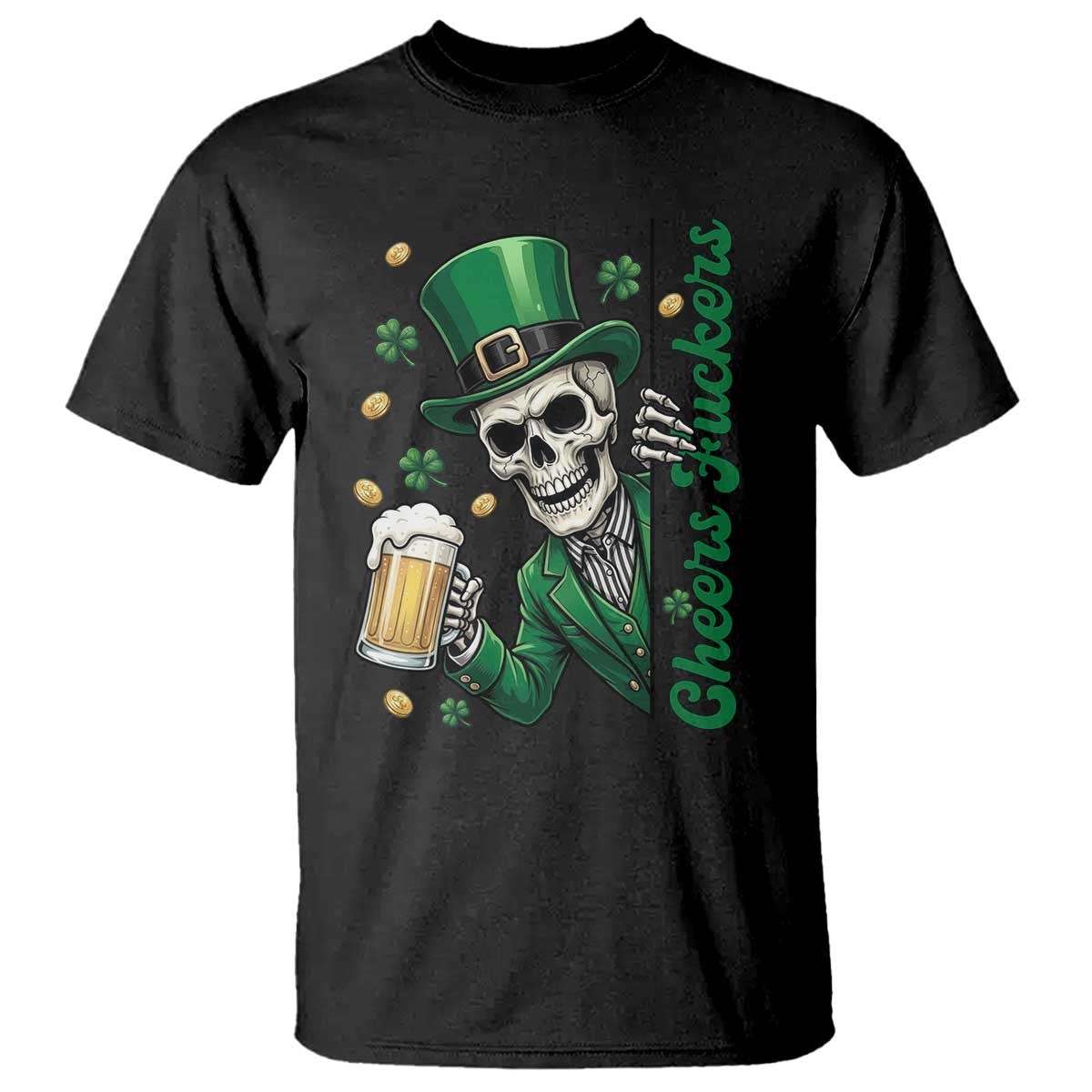 Cheers Fuckers St Patricks Day T Shirt Funny Skeleton Drinking Beer TS14 Black Print Your Wear