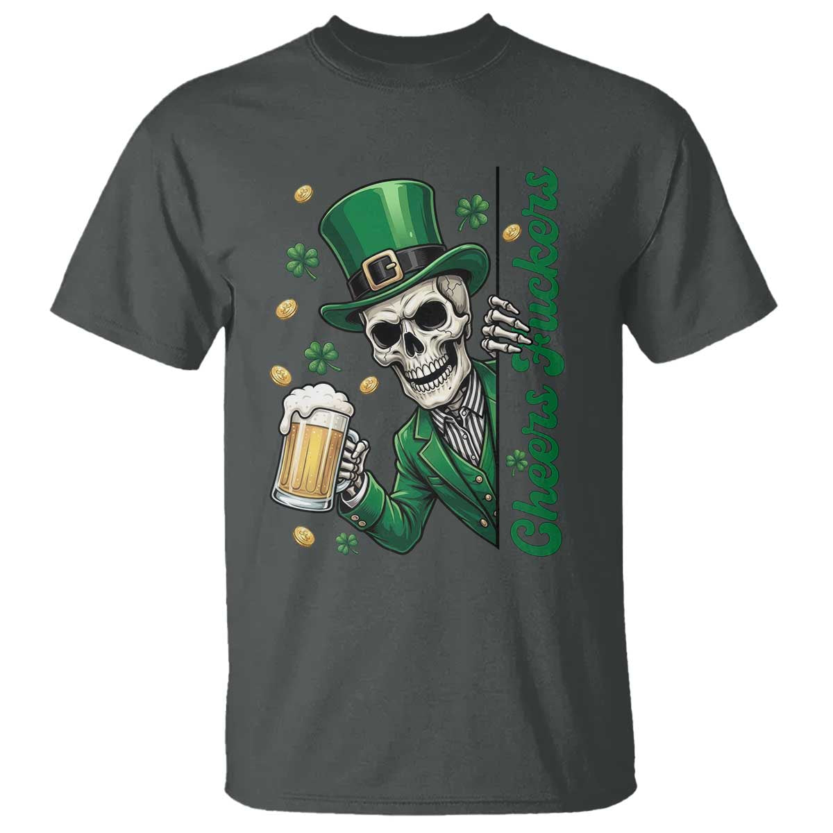 Cheers Fuckers St Patricks Day T Shirt Funny Skeleton Drinking Beer TS14 Dark Heather Print Your Wear