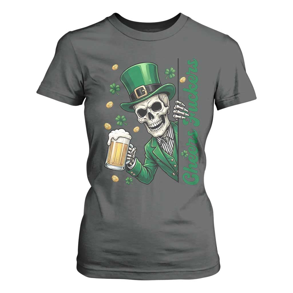 Cheers Fuckers St Patricks Day T Shirt For Women Funny Skeleton Drinking Beer TS14 Dark Heather Print Your Wear