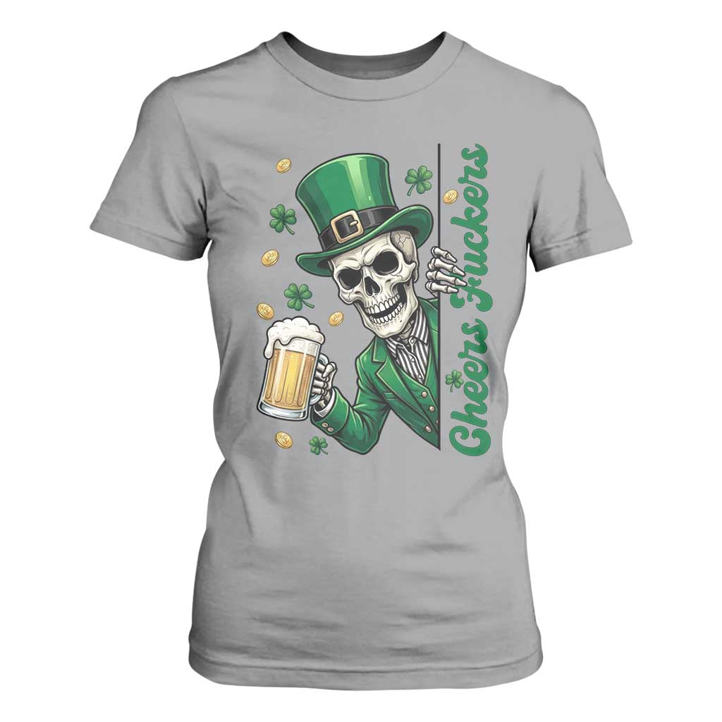 Cheers Fuckers St Patricks Day T Shirt For Women Funny Skeleton Drinking Beer TS14 Sport Gray Print Your Wear