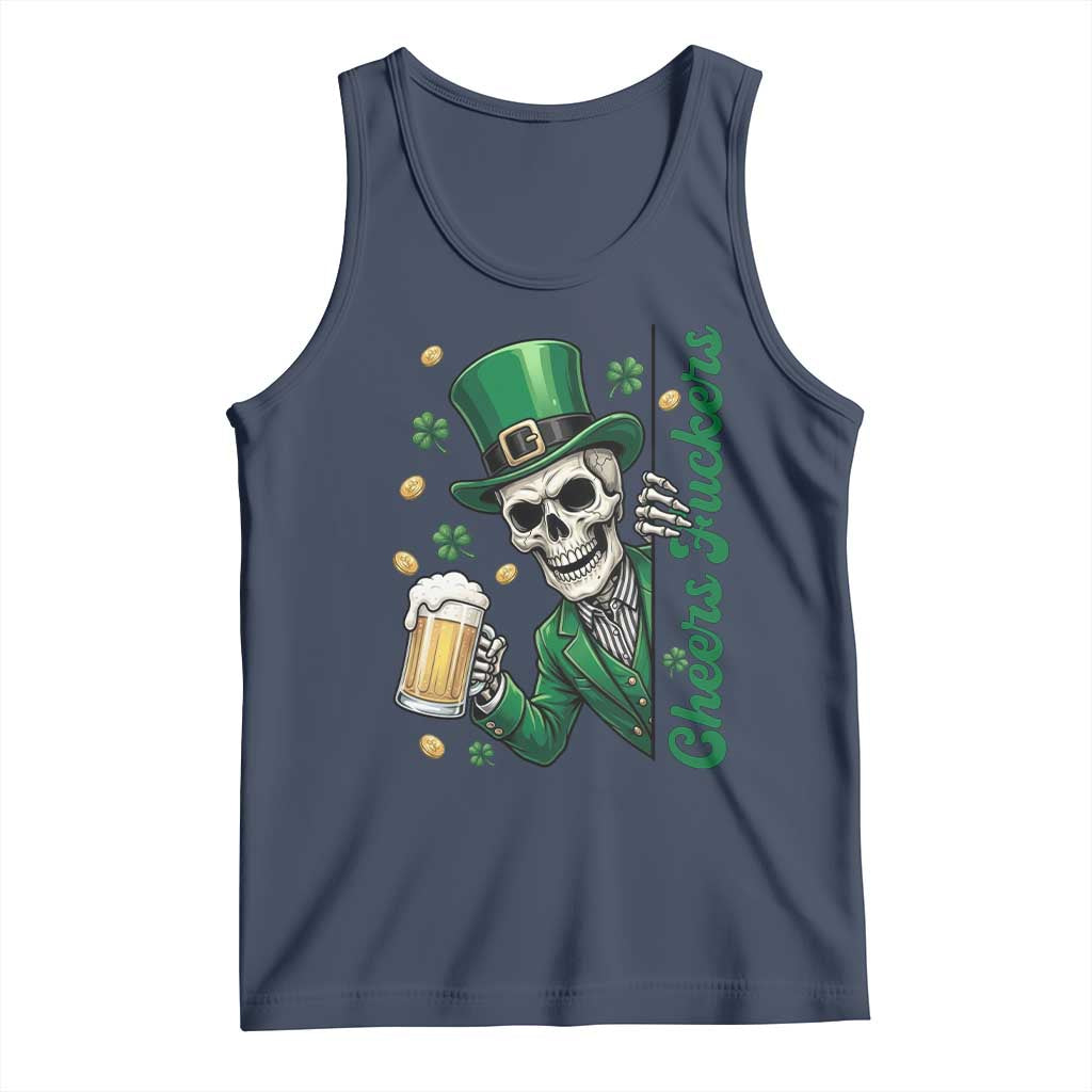 Cheers Fuckers St Patricks Day Tank Top Funny Skeleton Drinking Beer TS14 Navy Print Your Wear
