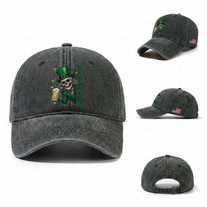 Cheers Fuckers St Patricks Day Washed Cotton Baseball Cap Funny Skeleton Drinking Beer TS14 Washed Cap Universal Fit Dark Green Print Your Wear