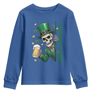Cheers Fuckers St Patricks Day Youth Sweatshirt Funny Skeleton Drinking Beer TS14 Royal Blue Print Your Wear