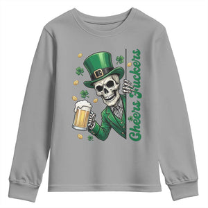 Cheers Fuckers St Patricks Day Youth Sweatshirt Funny Skeleton Drinking Beer TS14 Sport Gray Print Your Wear