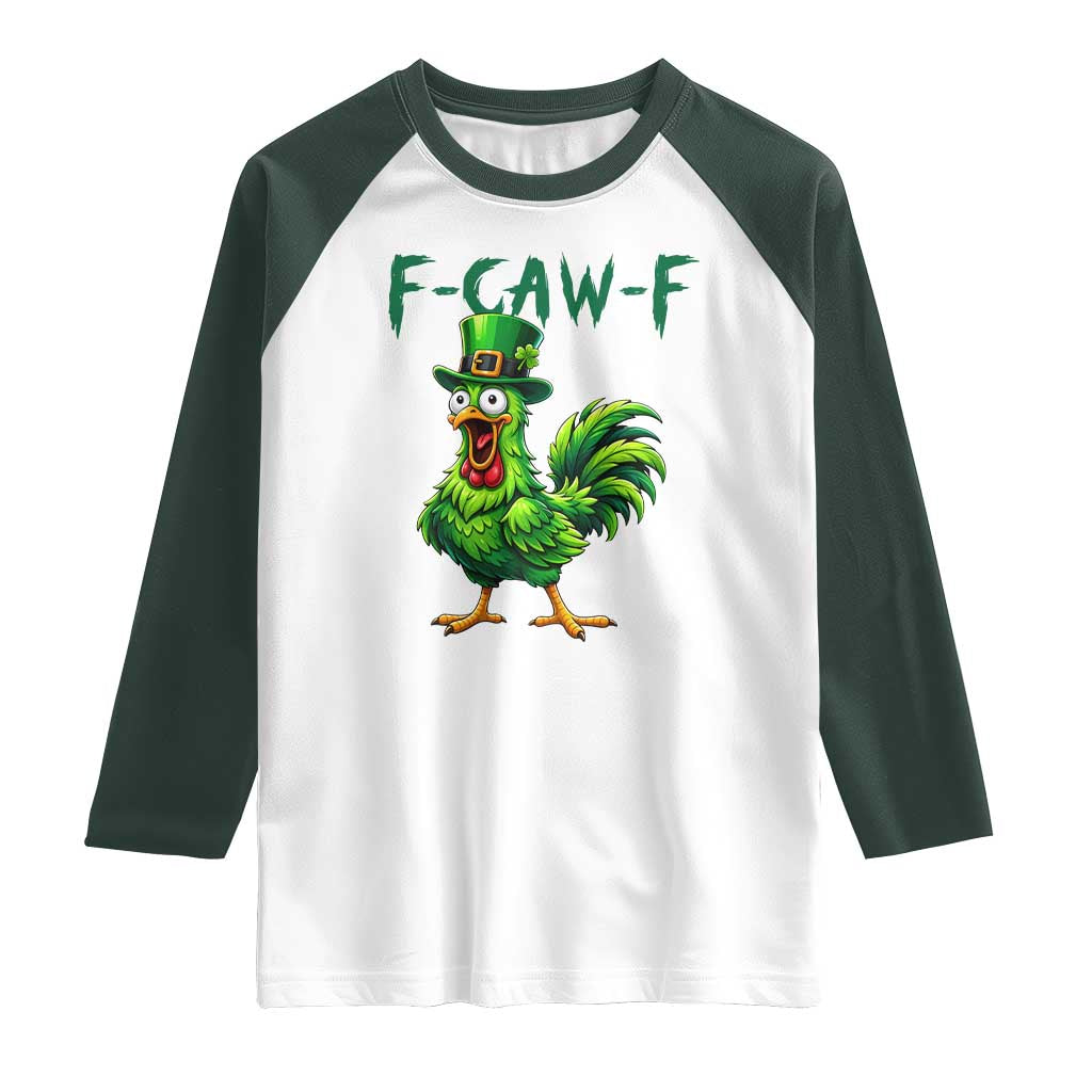 Funny St Patricks Day Lucky Chicken Raglan Shirt F Caw F TS14 White Dark Forest Green Print Your Wear
