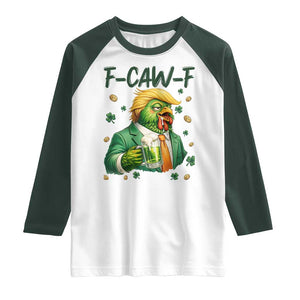 Funny Trump Chicken St Patricks Day Raglan Shirt F Caw F Lucky Irish TS14 White Dark Forest Green Print Your Wear