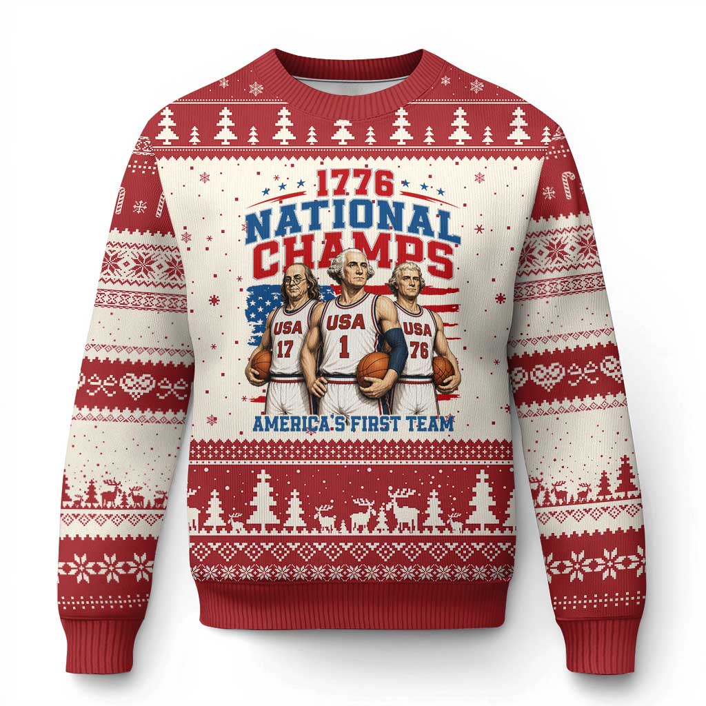 1776 National Champs Ugly Christmas Sweater Patriotic Founding Fathers Basketball Undefeated America TS14 Beige Red Print Your Wear