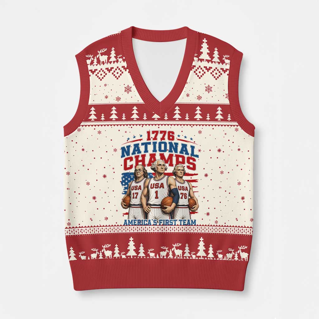 1776 National Champs V-Neck Knit Sweater Vest Patriotic Founding Fathers Basketball Undefeated America TS14 Beige Red Print Your Wear