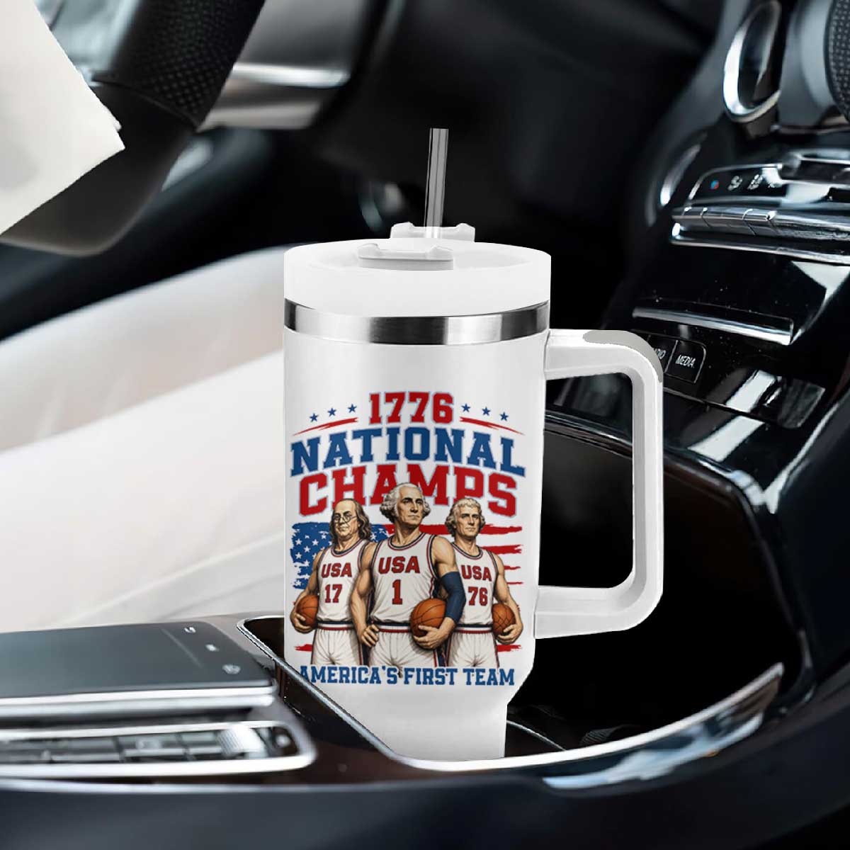 1776 National Champs Tumbler With Handle Patriotic Founding Fathers Basketball Undefeated America
