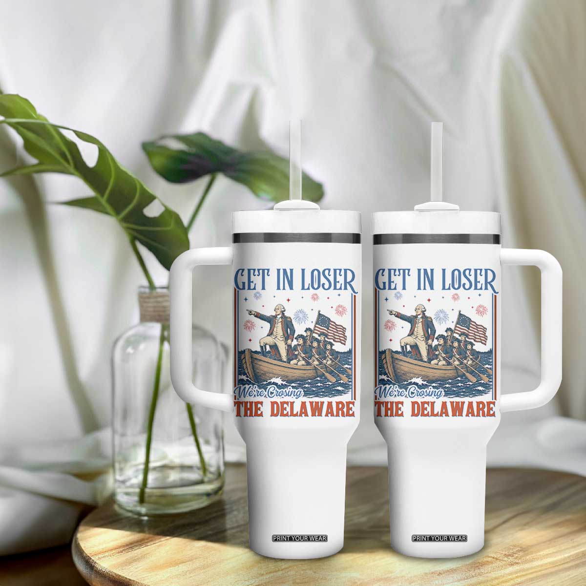 Get In Loser We're Crossing The Delaware Meme Tumbler With Handle Patriotic American History Independence Day
