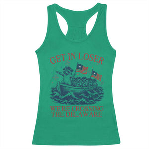 Get In Loser We’re Crossing The Delaware Racerback Tank Top Funny Raccoon Meme 4th of July