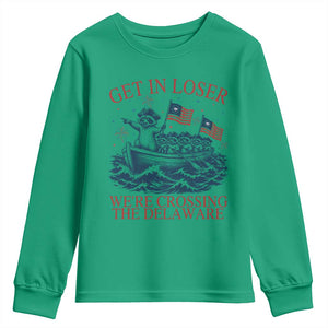 Get In Loser We’re Crossing The Delaware Youth Sweatshirt Funny Raccoon Meme 4th of July