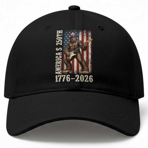 250 Years America Anniversary Baseball Cap Patriotic Bigfoot Playing Guitar 4th Of July