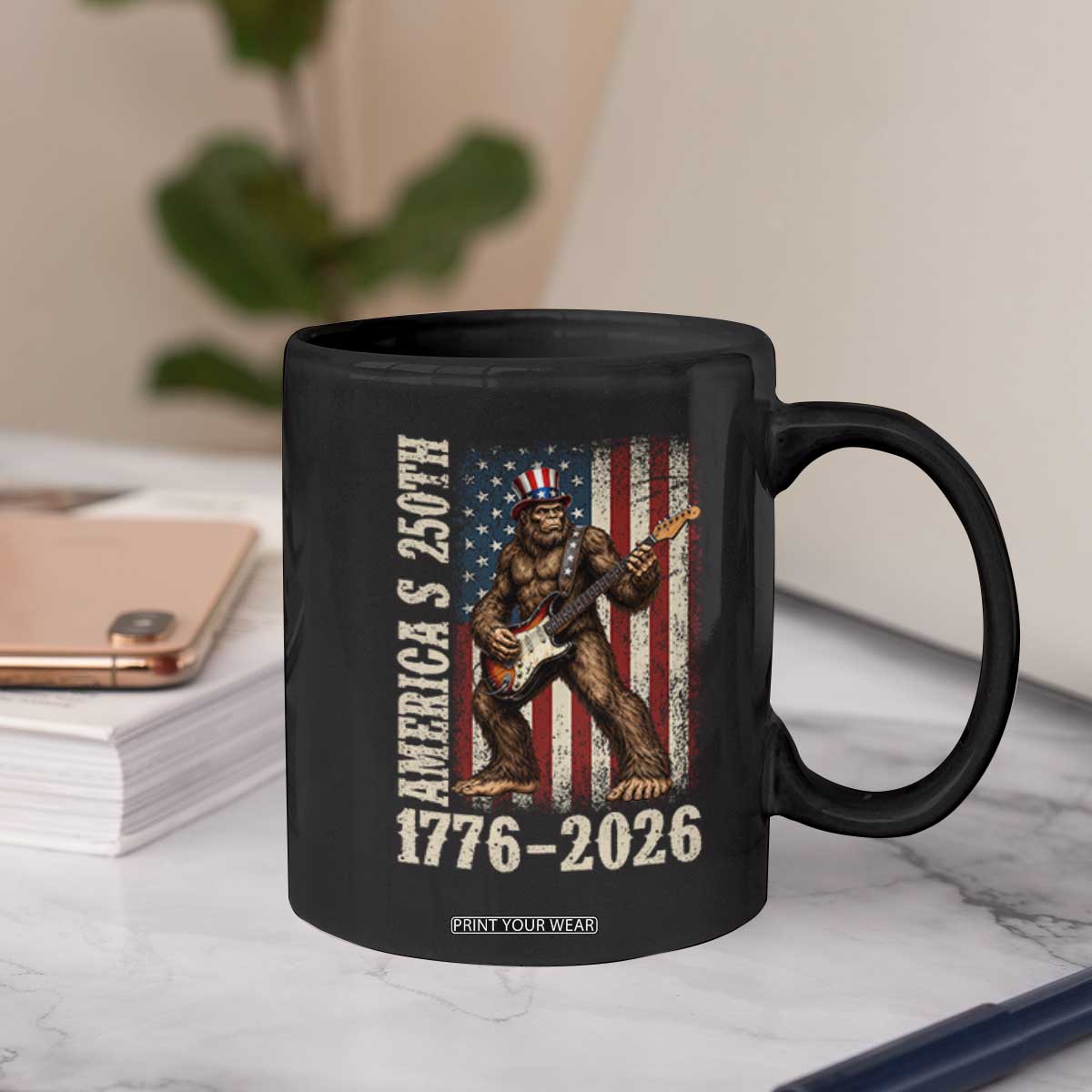 250 Years America Anniversary Coffee Mug Patriotic Bigfoot Playing Guitar 4th Of July