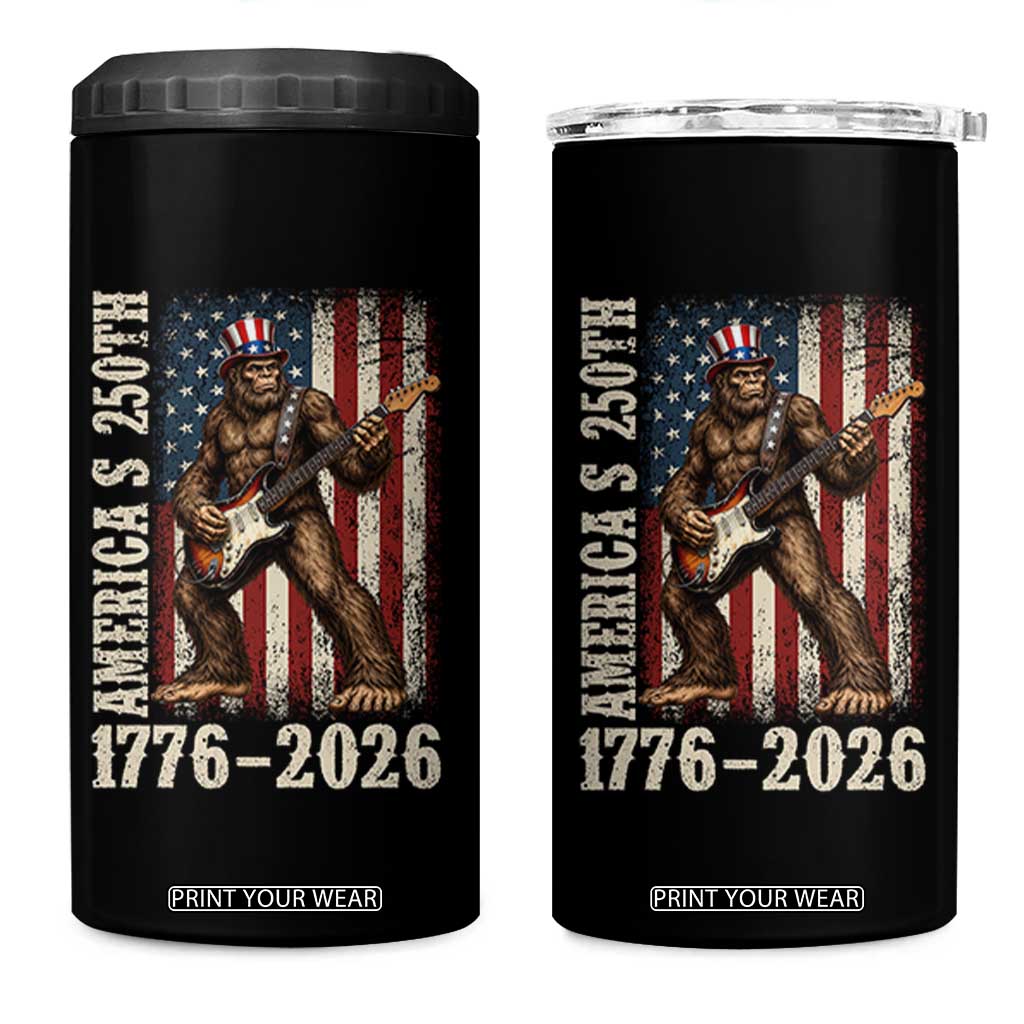 250 Years America Anniversary 4 in 1 Can Cooler Tumbler Patriotic Bigfoot Playing Guitar 4th Of July