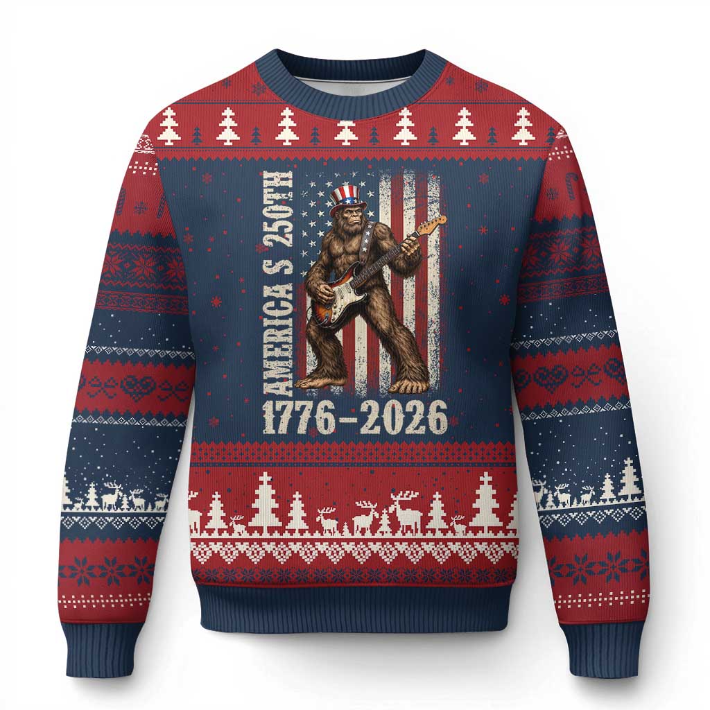250 Years America Anniversary Ugly Christmas Sweater Patriotic Bigfoot Playing Guitar 4th Of July