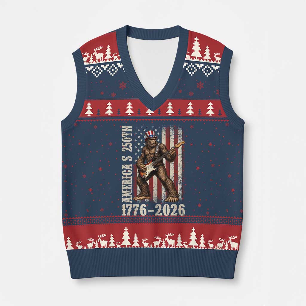250 Years America Anniversary V-Neck Knit Sweater Vest Patriotic Bigfoot Playing Guitar 4th Of July