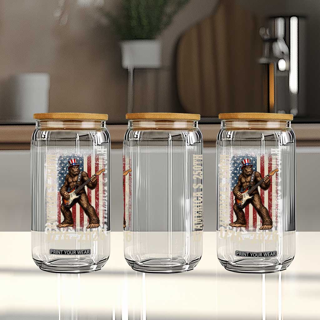 250 Years America Anniversary Glass Can Patriotic Bigfoot Playing Guitar 4th Of July
