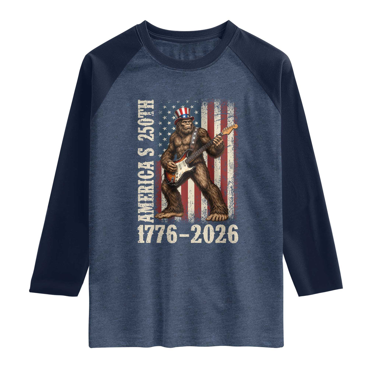 USA 250th Anniversary Raglan Shirt Patriotic Bigfoot Playing Guitar 4th Of July