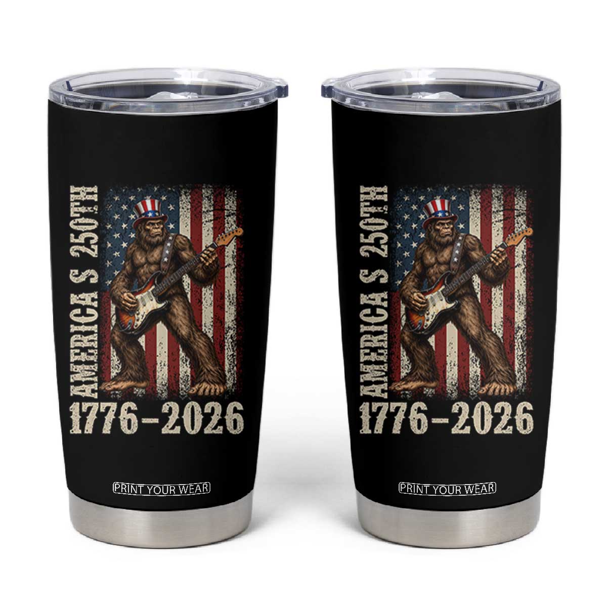 250 Years America Anniversary Tumbler Cup Patriotic Bigfoot Playing Guitar 4th Of July TS14 Black Print Your Wear