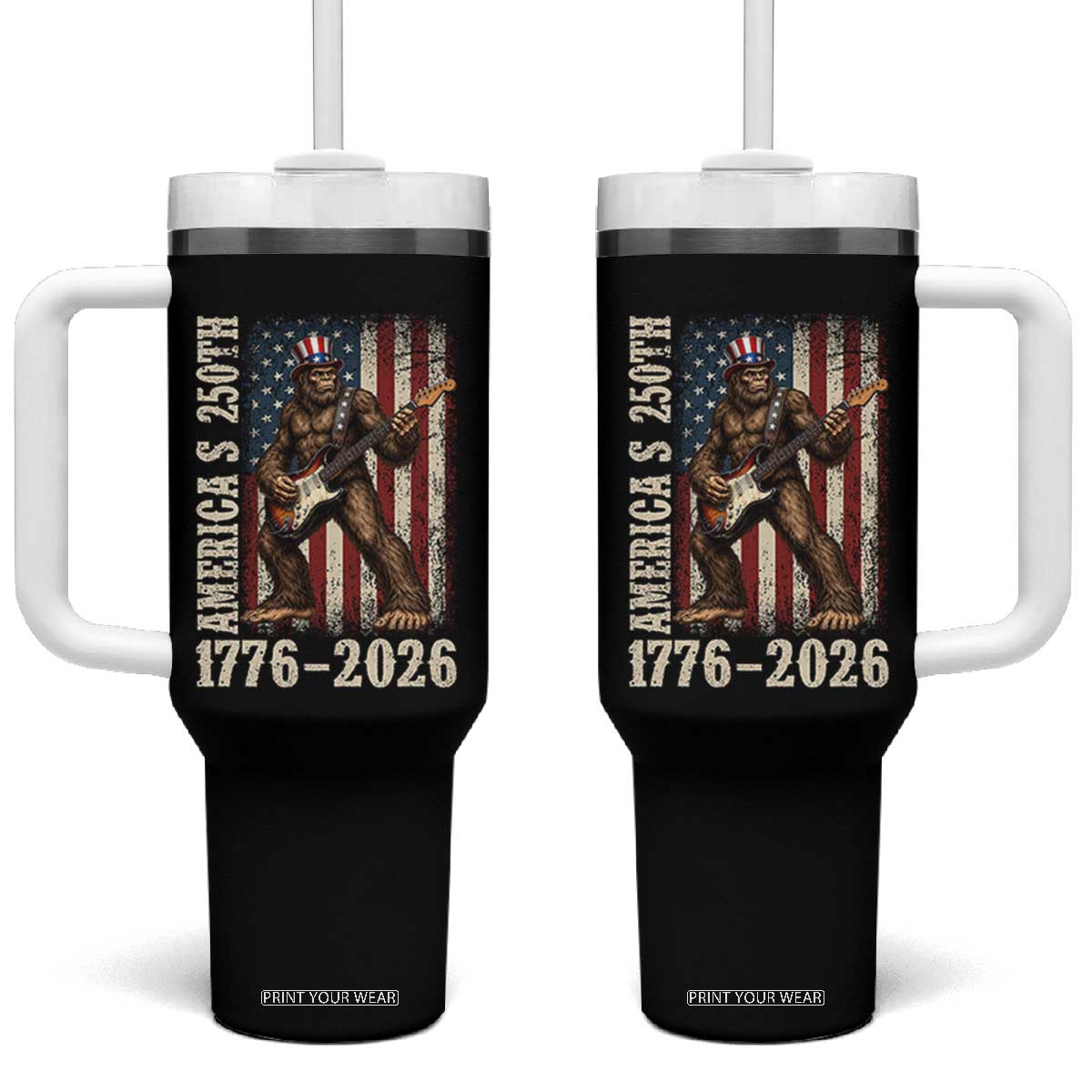 250 Years America Anniversary Tumbler With Handle Patriotic Bigfoot Playing Guitar 4th Of July