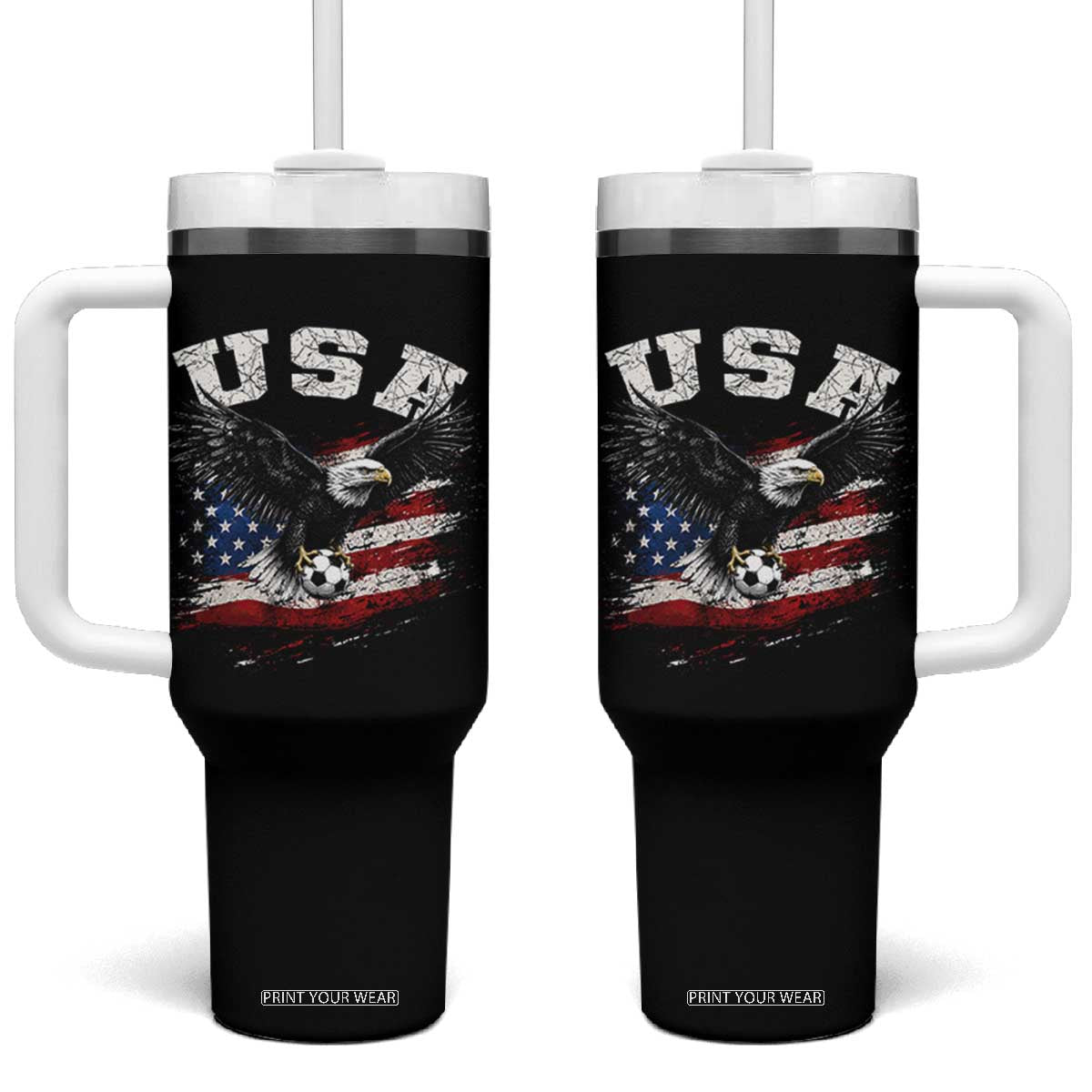 USA Soccer Bald Eagle American Flag Vintage Tumbler With Handle TS14 One Size: 40 oz Black Print Your Wear