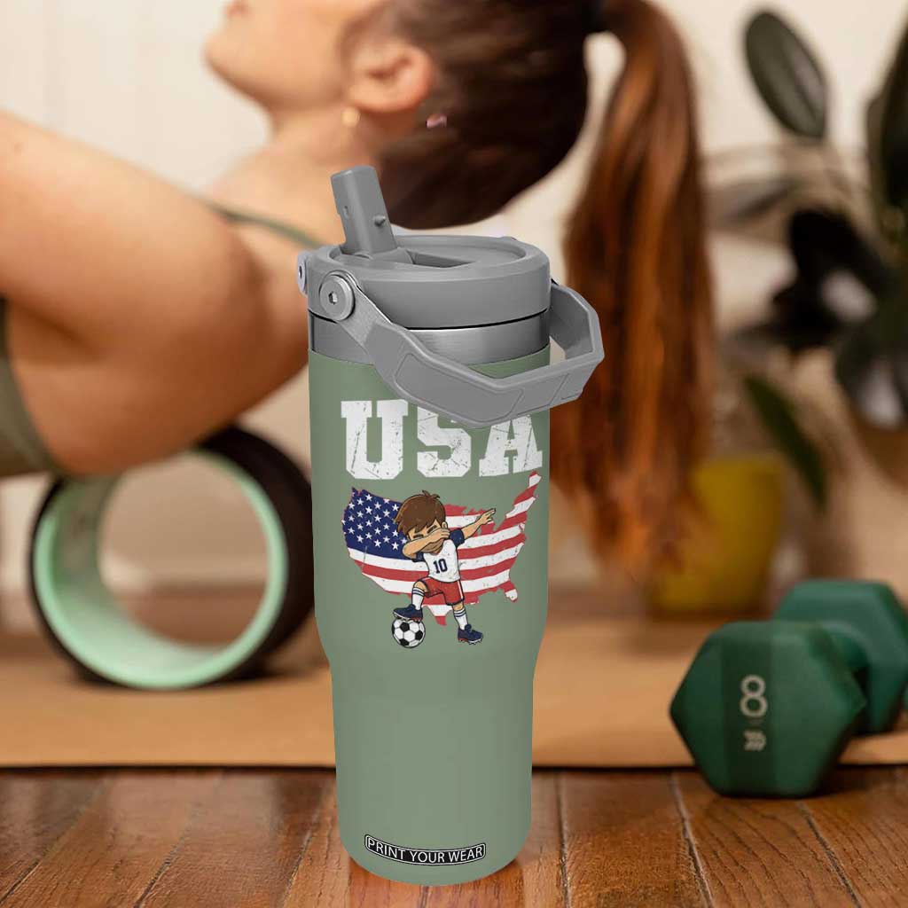 USA Soccer Dabbing Boy American Flag Fan Flip Straw Tumbler TS14 One Size: 30 oz Moss Green Print Your Wear