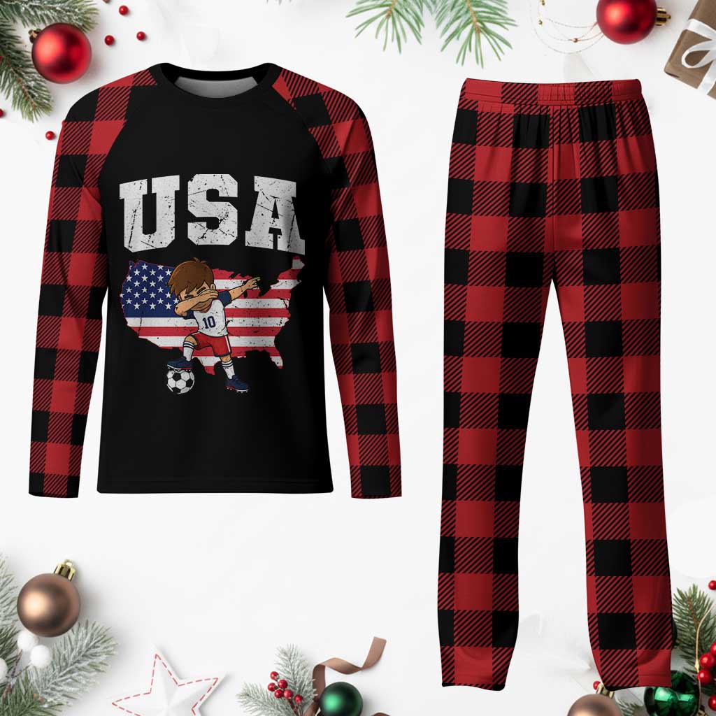 USA Soccer Dabbing Boy American Flag Fan Plaid Pajama Set