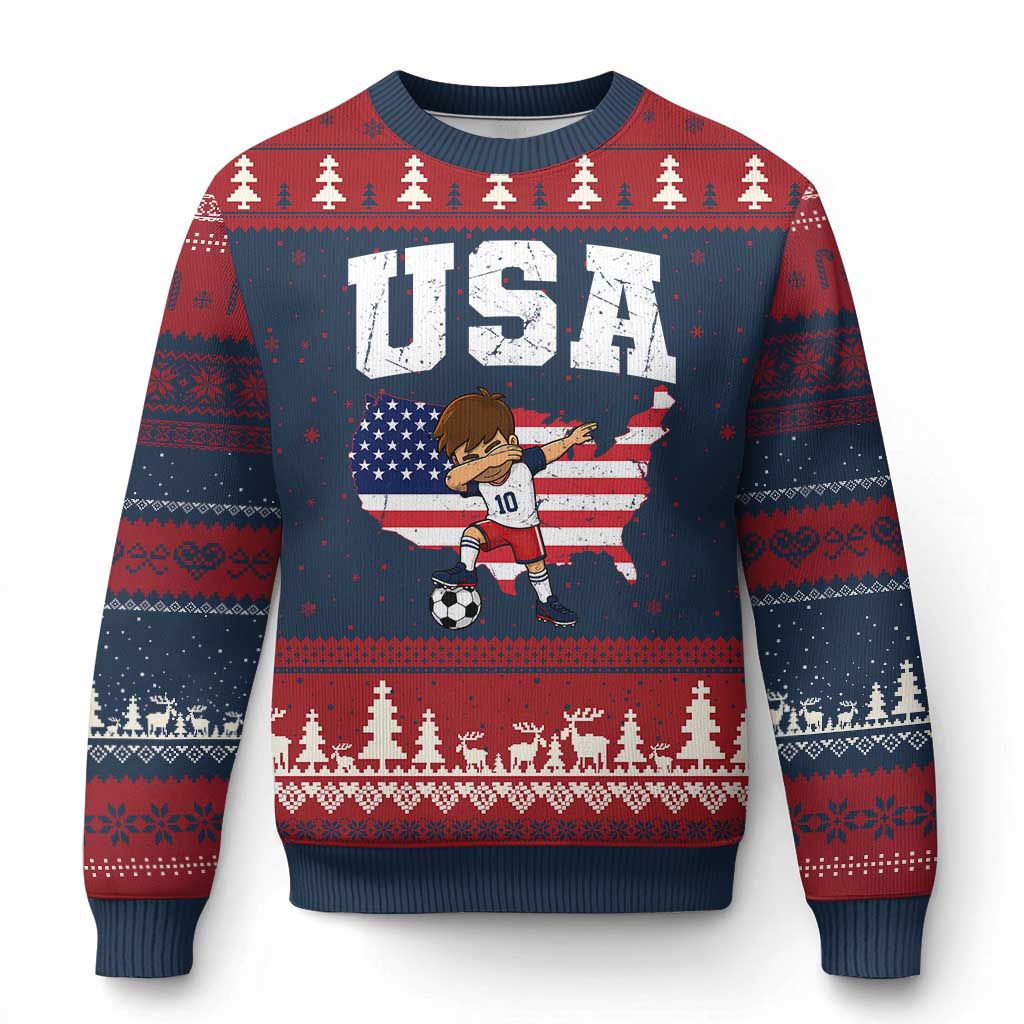 USA Soccer Dabbing Boy American Flag Fan Ugly Christmas Sweater