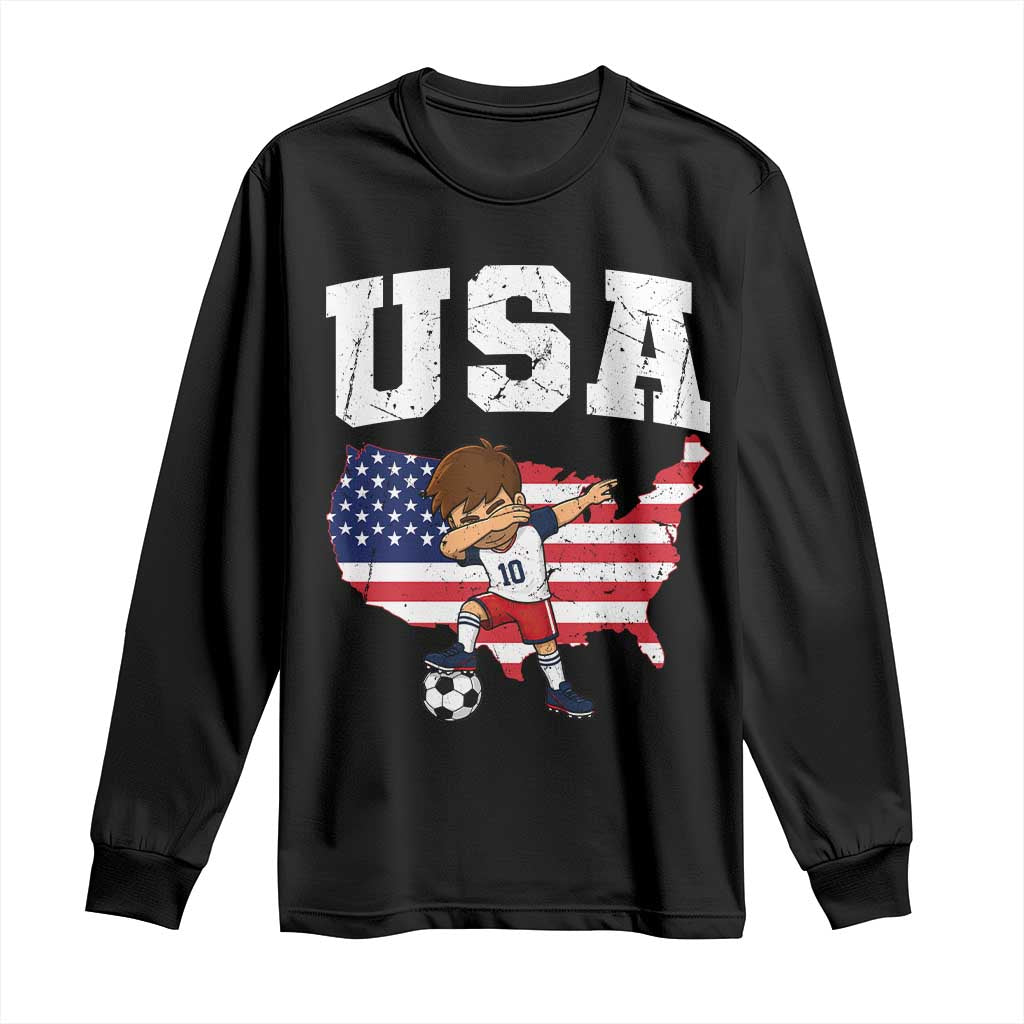 USA Soccer Dabbing Boy American Flag Fan Long Sleeve Shirt