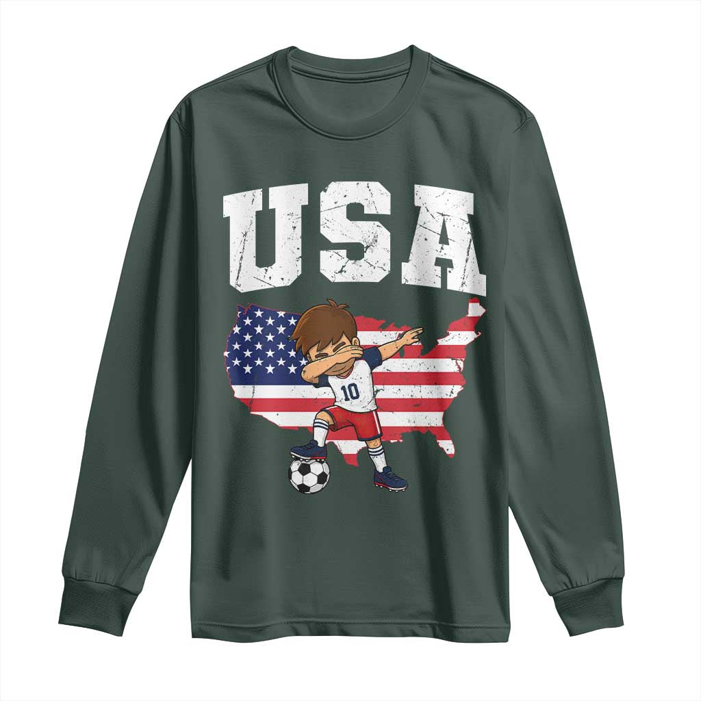 USA Soccer Dabbing Boy American Flag Fan Long Sleeve Shirt