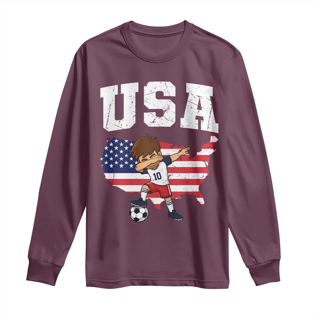 USA Soccer Dabbing Boy American Flag Fan Long Sleeve Shirt