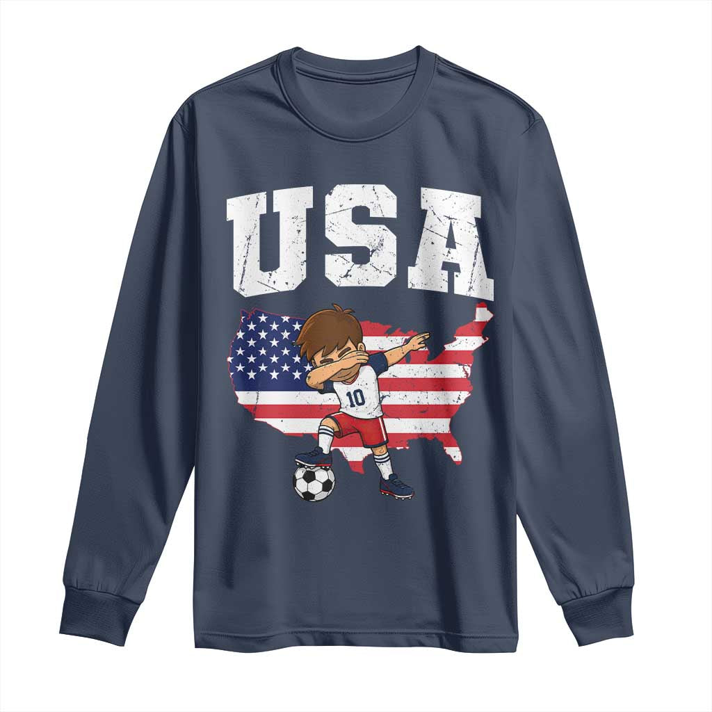 USA Soccer Dabbing Boy American Flag Fan Long Sleeve Shirt