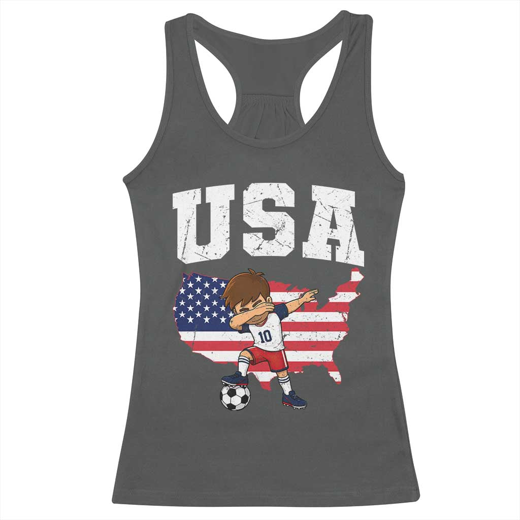 USA Soccer Dabbing Boy American Flag Fan Racerback Tank Top
