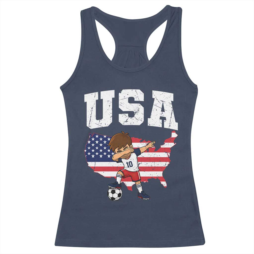 USA Soccer Dabbing Boy American Flag Fan Racerback Tank Top