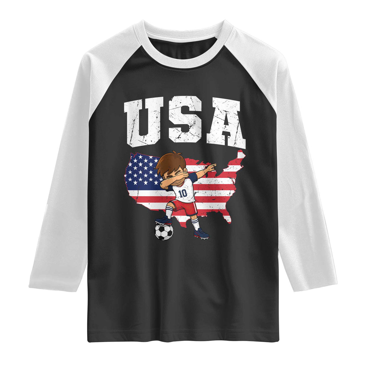 USA Soccer Dabbing Boy American Flag Fan Raglan Shirt