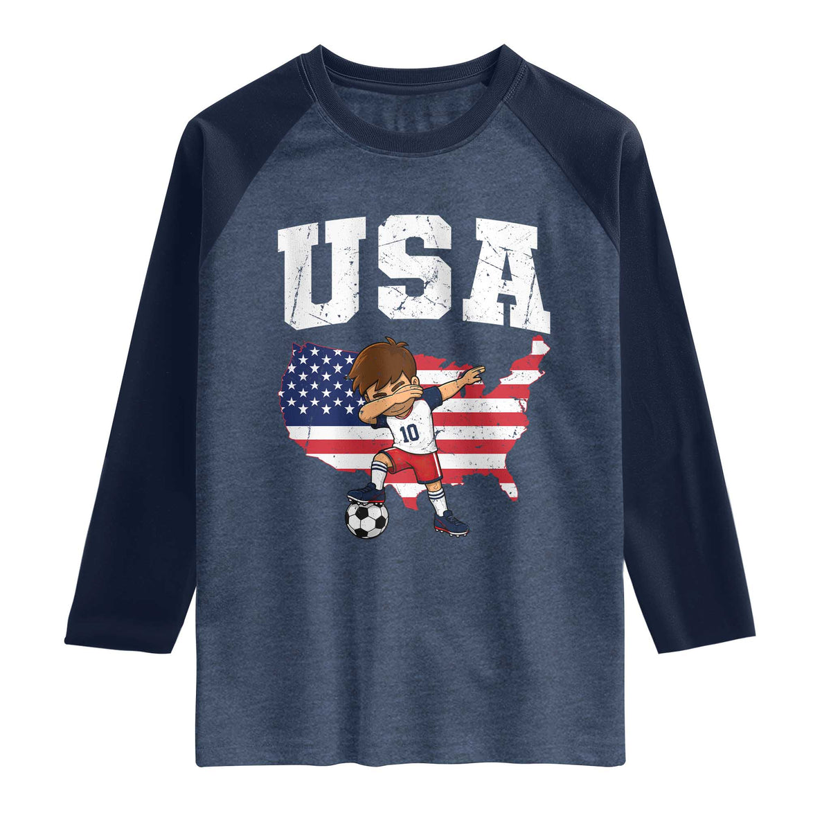 USA Soccer Dabbing Boy American Flag Fan Raglan Shirt