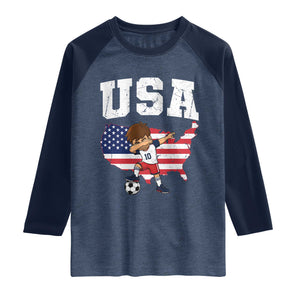USA Soccer Dabbing Boy American Flag Fan Raglan Shirt