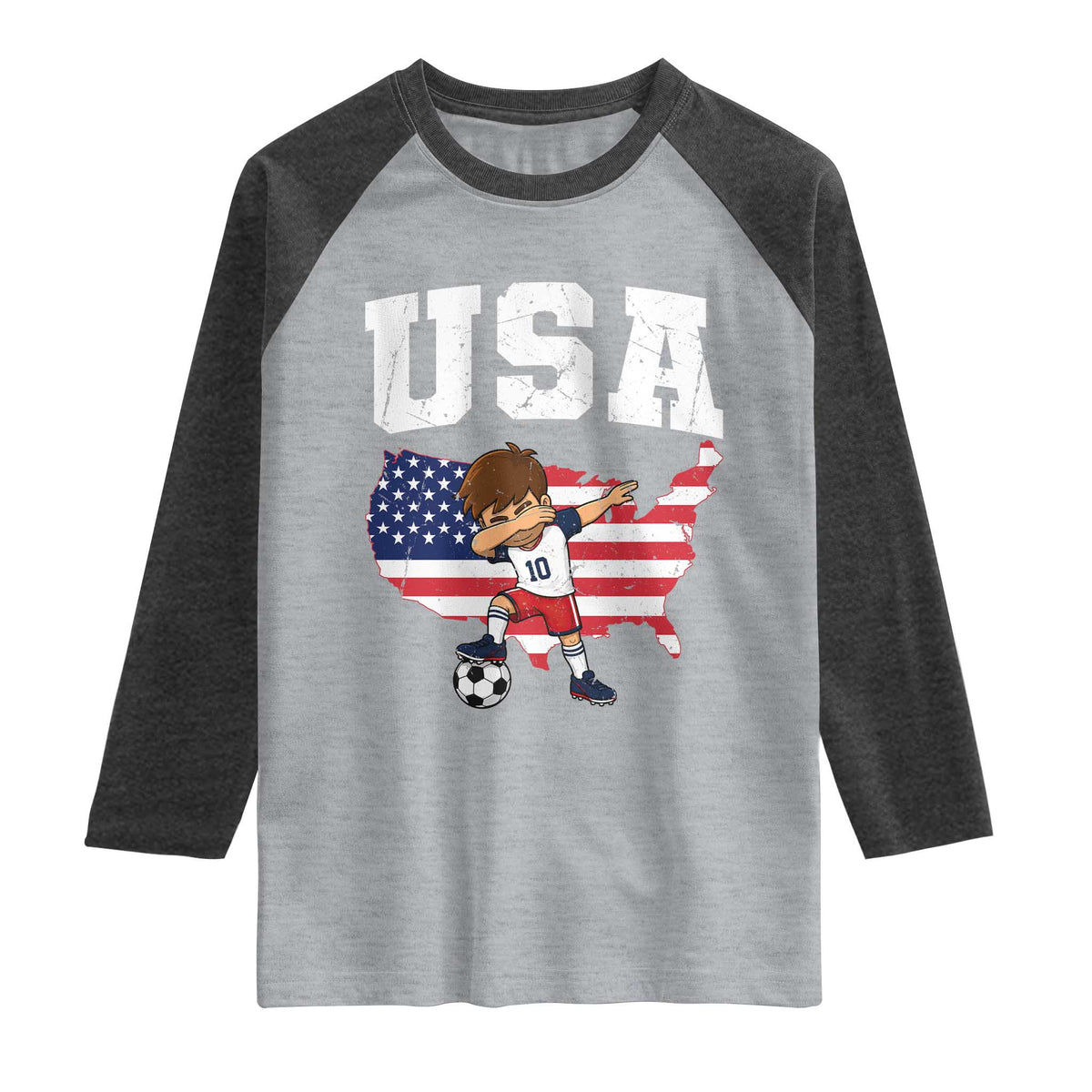 USA Soccer Dabbing Boy American Flag Fan Raglan Shirt