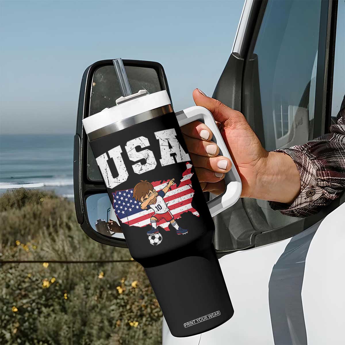 USA Soccer Dabbing Boy American Flag Fan Tumbler With Handle TS14 Print Your Wear