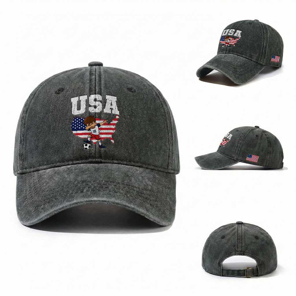 USA Soccer Dabbing Boy American Flag Fan Washed Cotton Baseball Cap