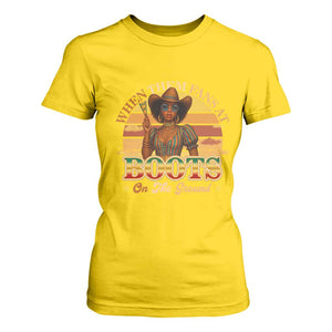Black Cowgirl Rodeo T Shirt For Women Where Them Fans At Boots On Da Ground - Print Your Wear