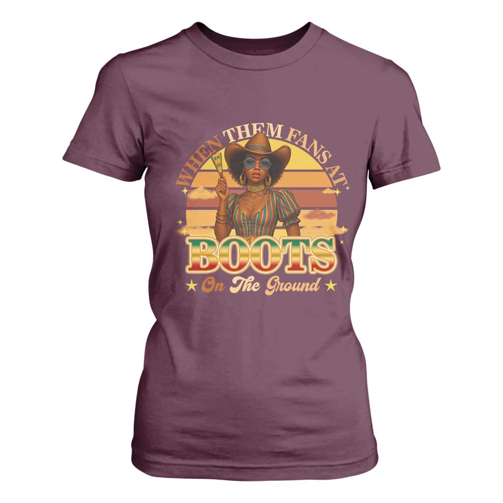 Black Cowgirl Rodeo T Shirt For Women Where Them Fans At Boots On Da Ground TS14 Maroon Print Your Wear