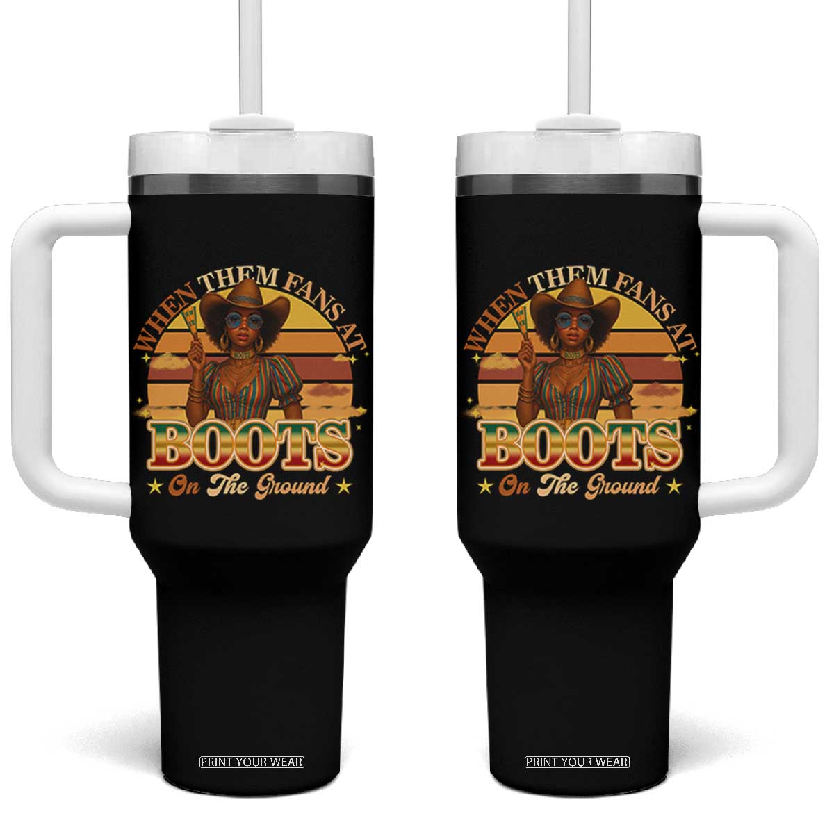 Black Cowgirl Rodeo Tumbler With Handle Where Them Fans At Boots On Da Ground TS14 One Size: 40 oz Black Print Your Wear